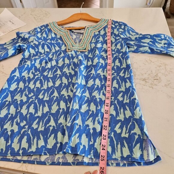 Vineyard Vines Lucaya Tunic Blue Parrot Print Linen 3/4 Sleeve Top/Blouse XS - Picture 7 of 9